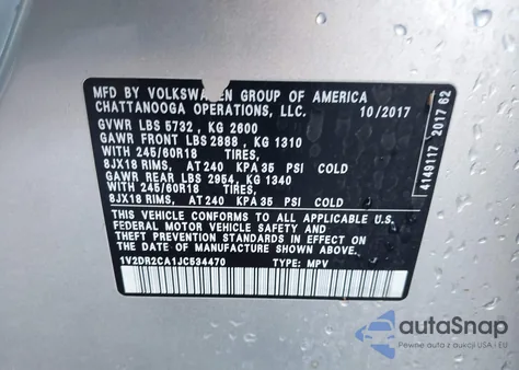 2018 Volkswagen Atlas 3.6L V6 Se/3.6L V6 Se W/Technology z USA, uszkodzony, nr VIN 1V2DR2CA1JC534470